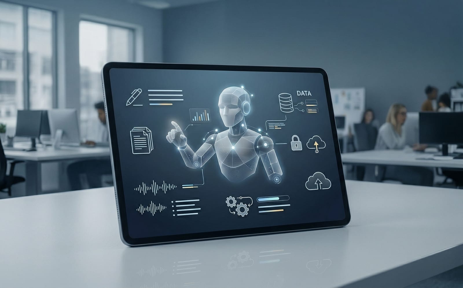 Tablet on an office desk showing an AI business assistant interface with a holographic figure surrounded by data, document, cloud, security, and analytics icons.