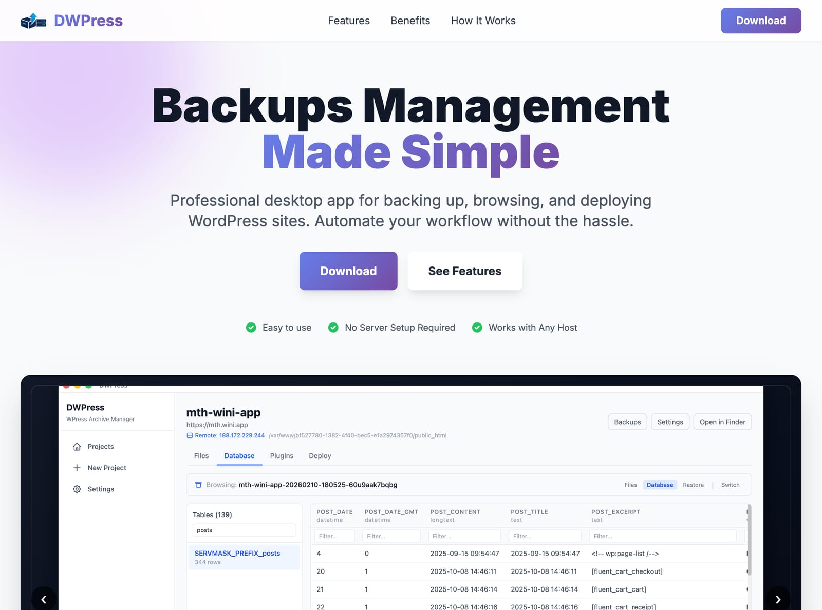 DWPress hero: Backups Management Made Simple, with backup list UI mockup.