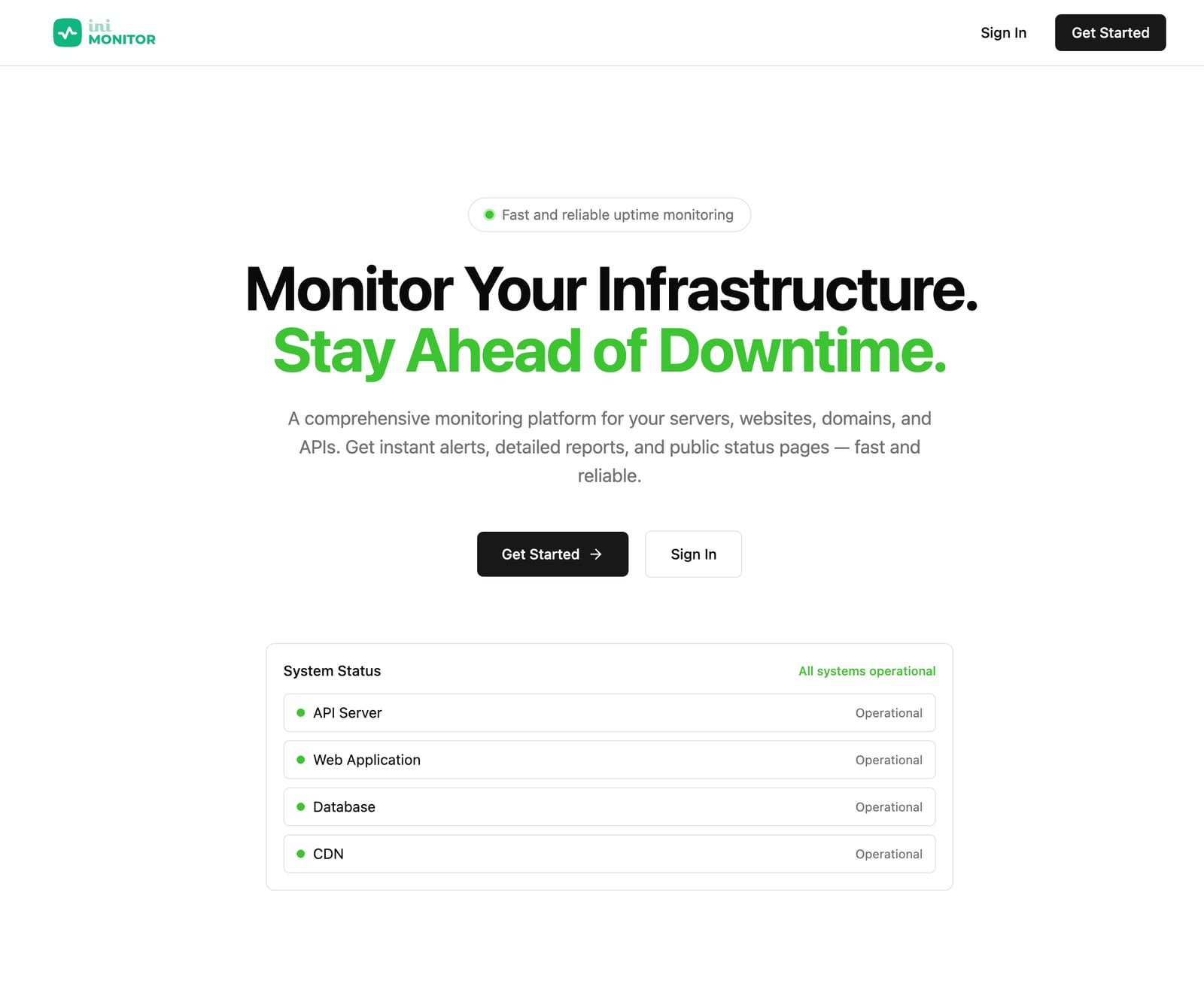 INI Monitor hero with Monitor Your Infrastructure headline and system status panel.