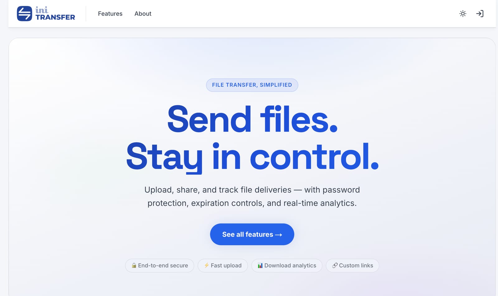 INI Transfer product page showing the Send files. Stay in control. hero.