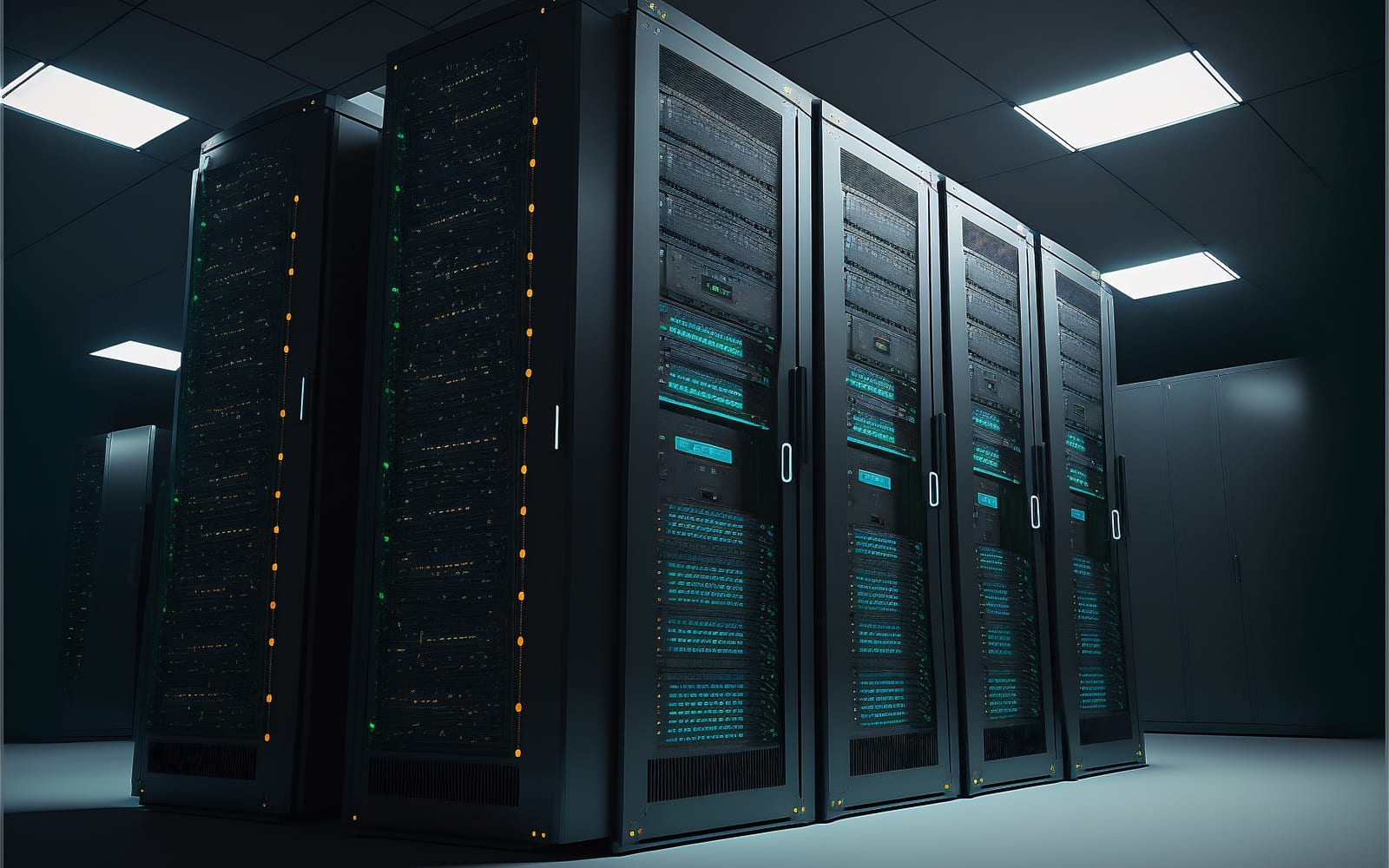 Close-up of server hardware with green status LEDs visible across stacked racks in a data center.