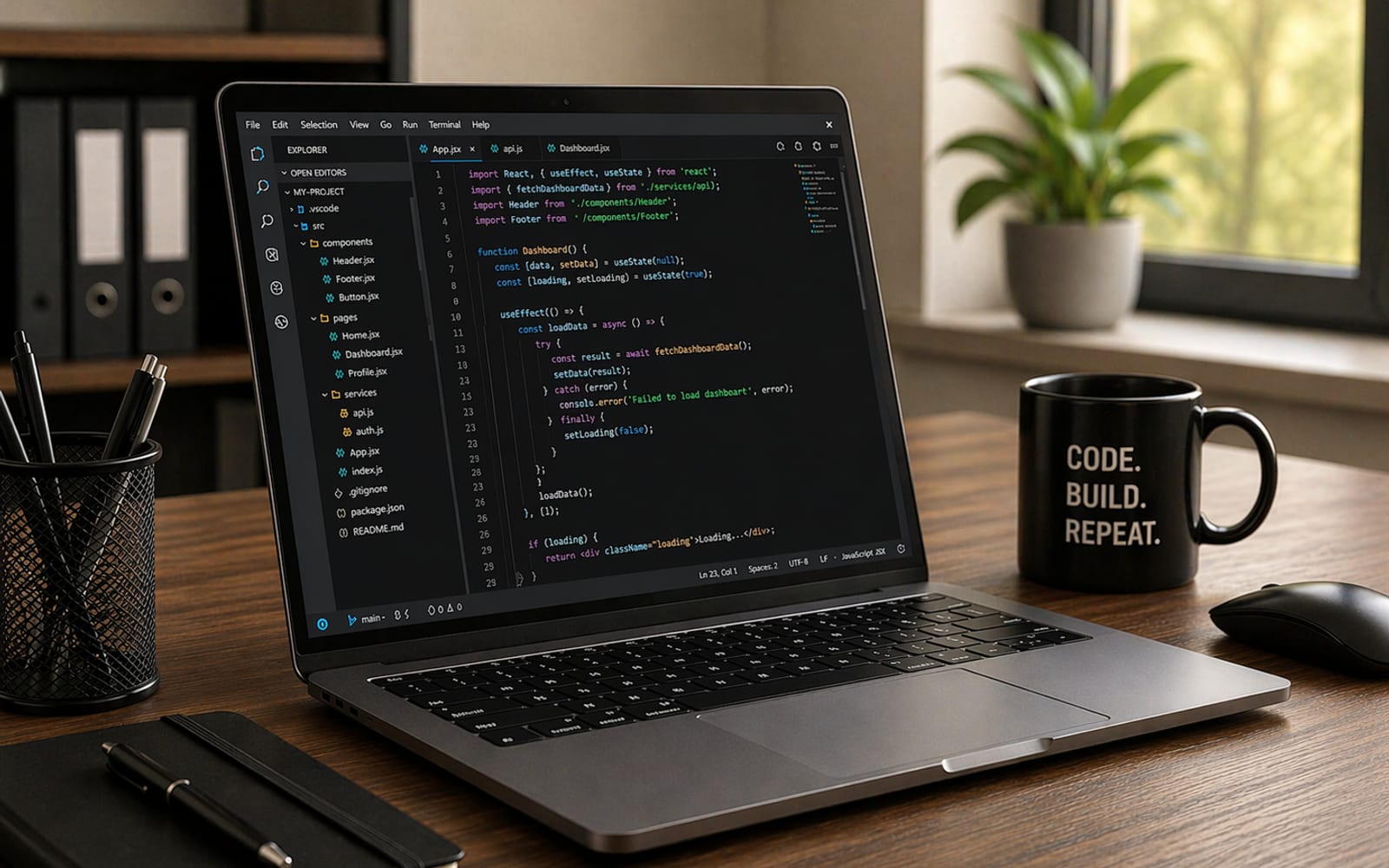 Close-up of source code displayed on a laptop screen in a dark editor theme with cool blue tones.