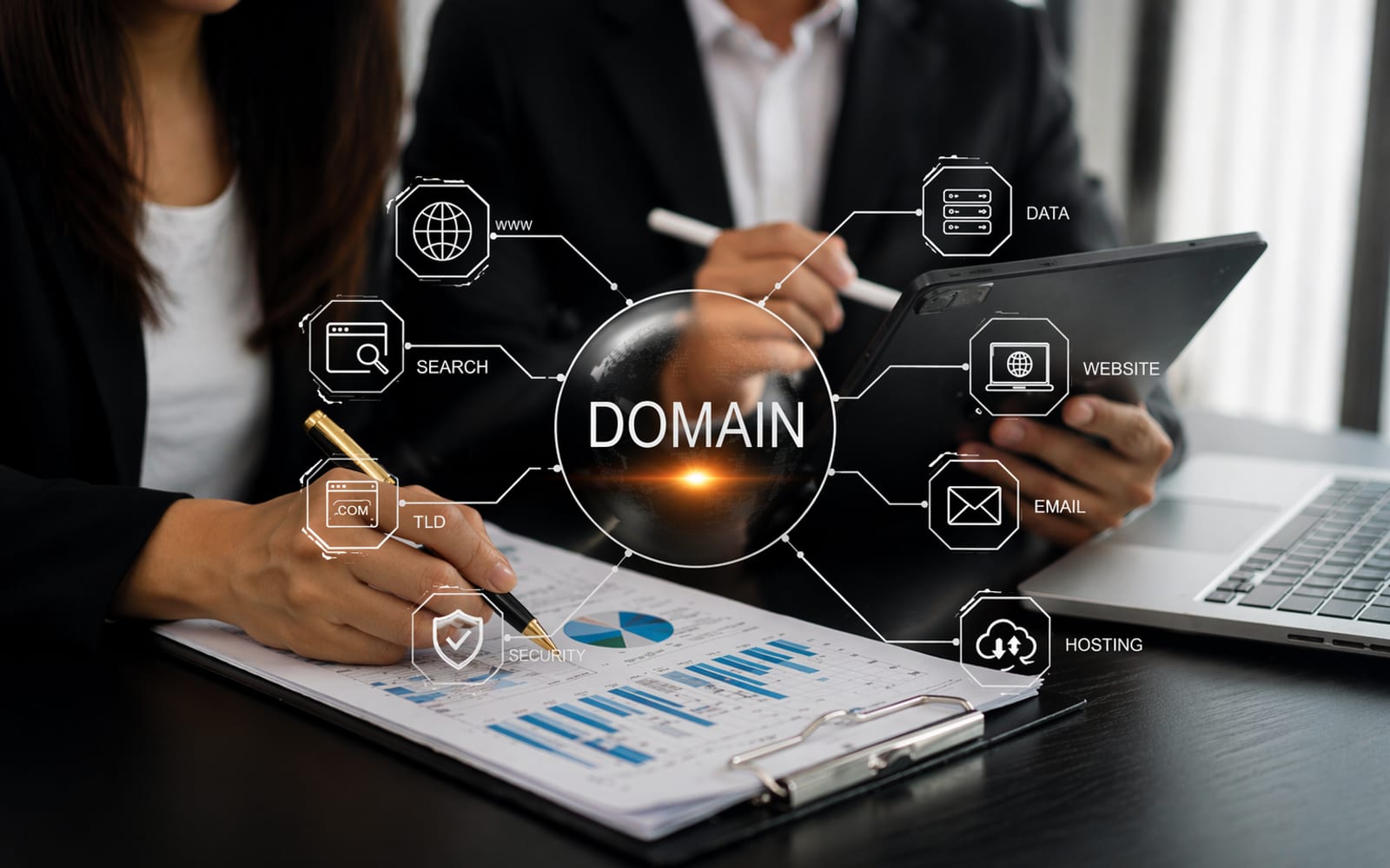 A clean workstation with monitor and keyboard in a data center server aisle, cool violet-blue tones.